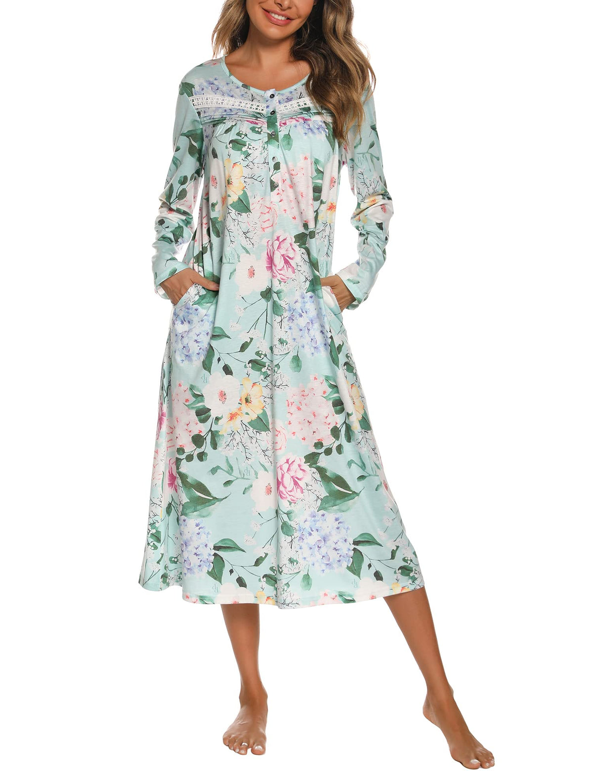 YOZLY Nightgowns for Women Soft Cotton Long Sleeve Night Gwon with Pockets