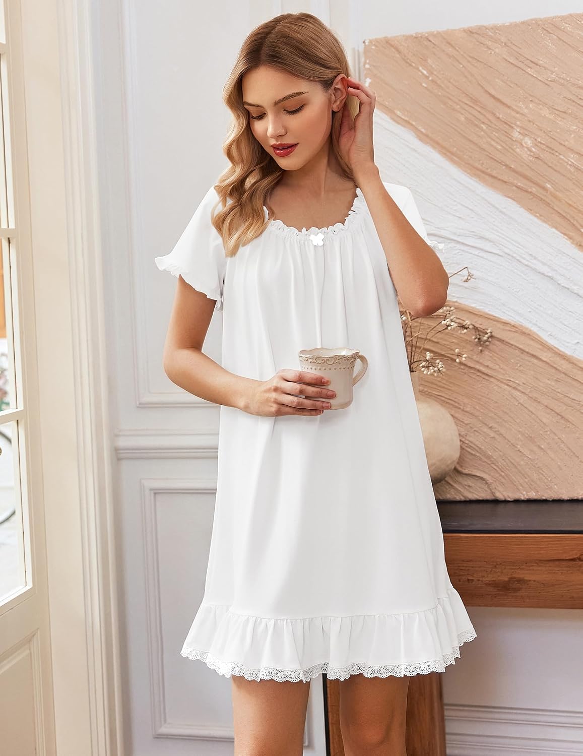Ekouaer Cotton Nightgowns for Women Short Sleeve Victorian Night Gowns