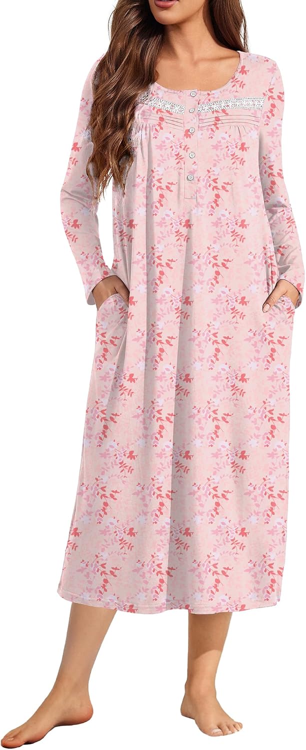 Ekouaer Long Sleeve Nightgown for Women Long Henley House Dress with Pocket