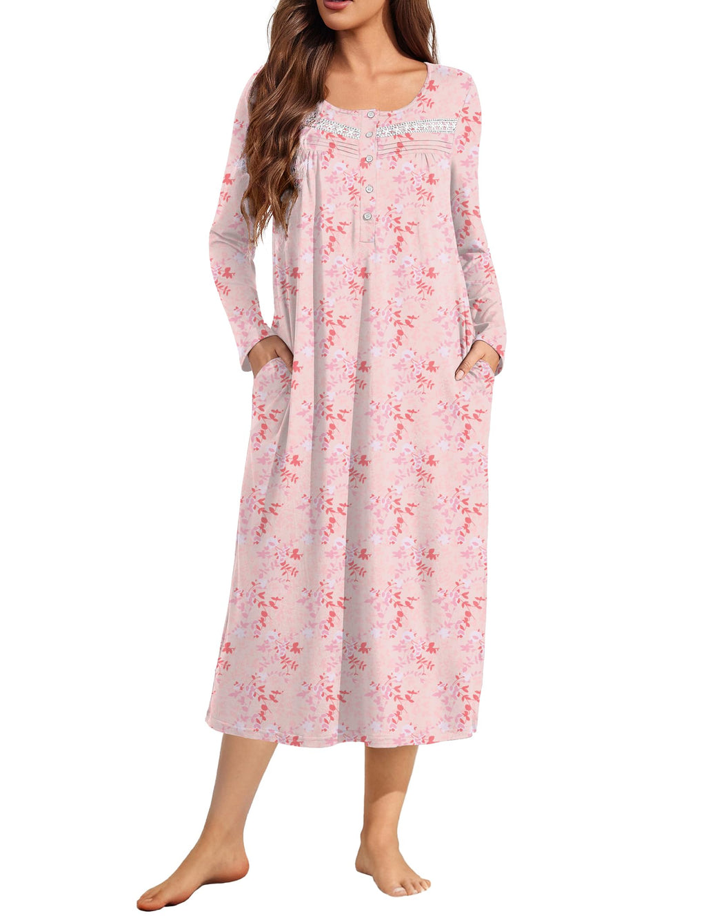 Ekouaer Long Sleeve Nightgown for Women Long Henley House Dress with Pocket