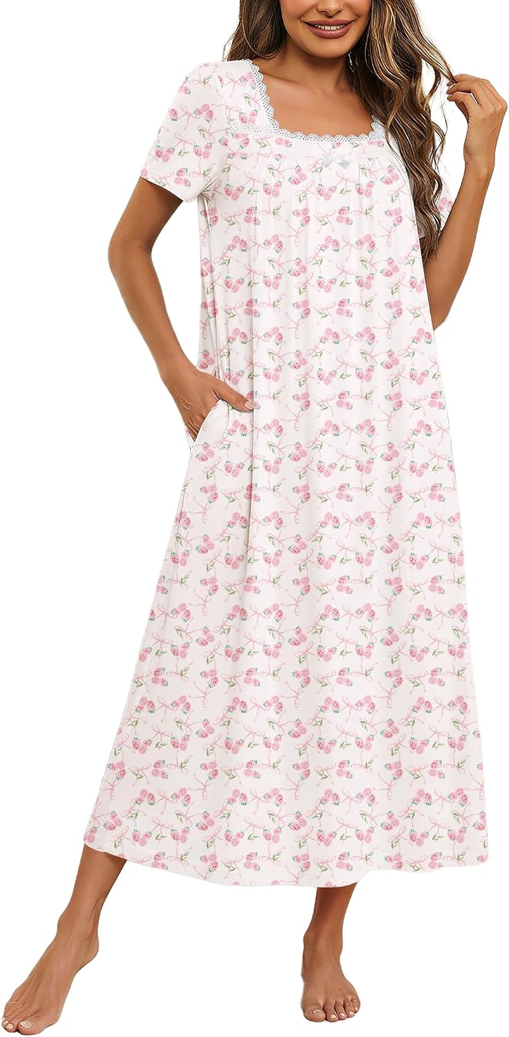 Ekouaer Cotton Long Nightgowns for Women Vintage House Dress with Pockets