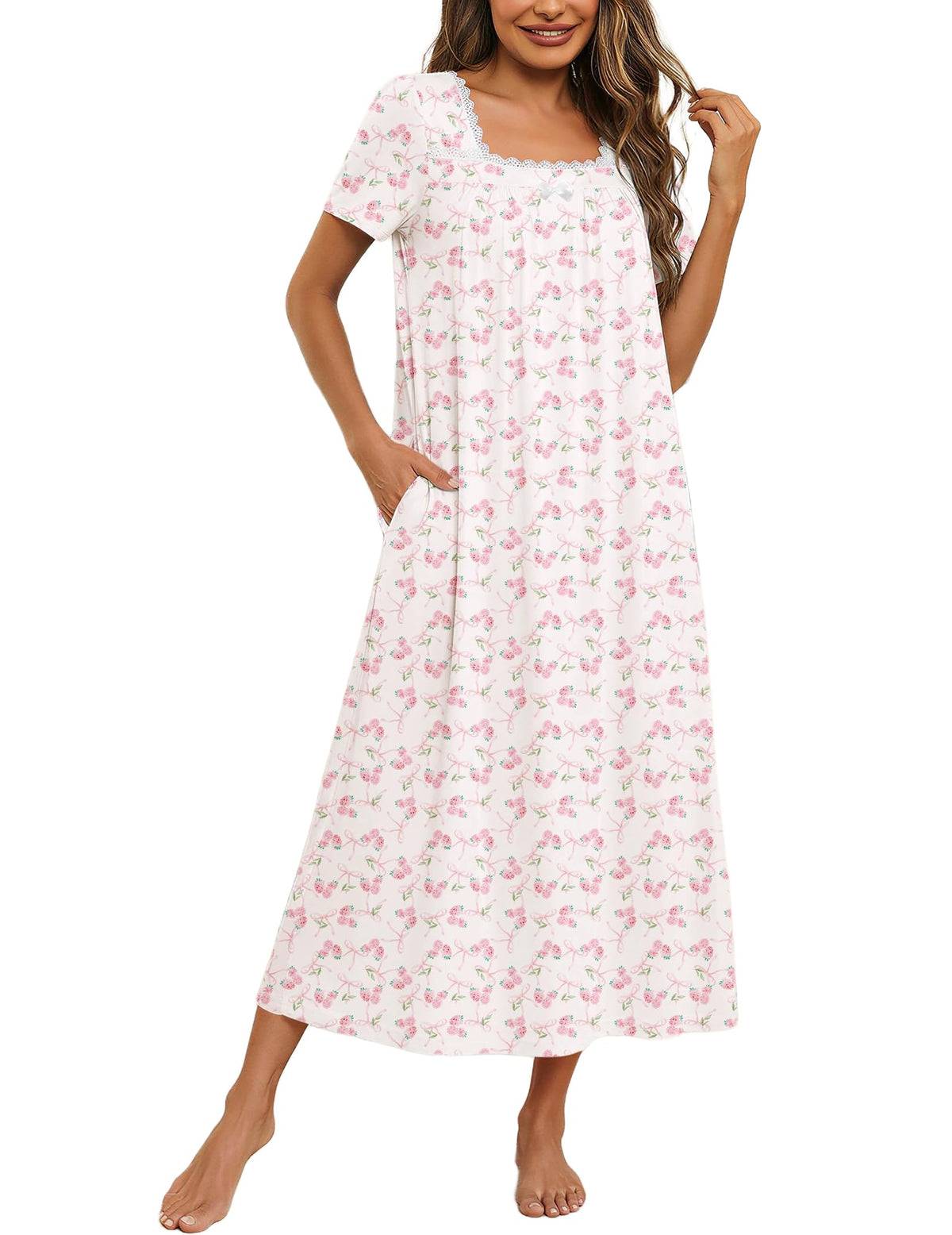 Ekouaer Cotton Long Nightgowns for Women Vintage House Dress with Pockets