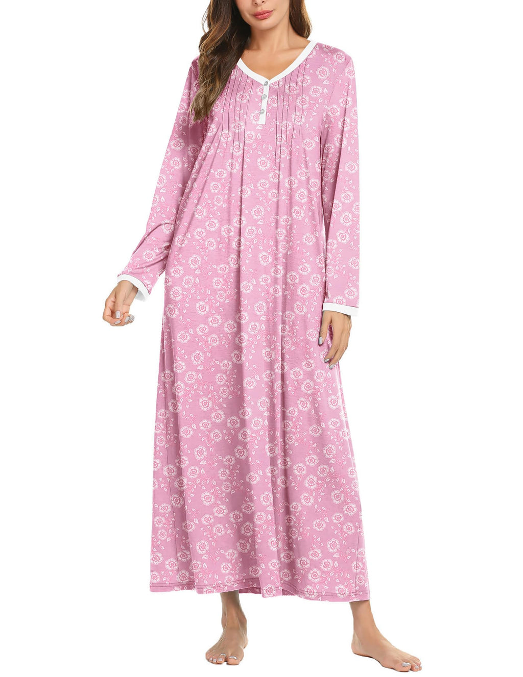 Ekouaer Women's Long Sleeve Nightgown Full Length Sleepwear Long Sleepshirts Henley Sleep Dress