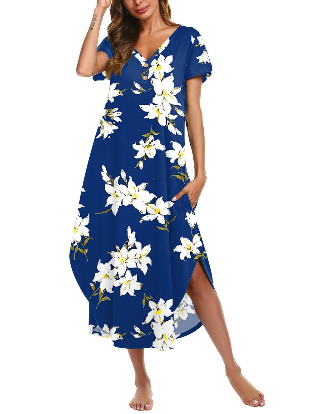 Ekouaer Long Nightgowns For Women Short Sleeve Midi Nightgown With Pockets