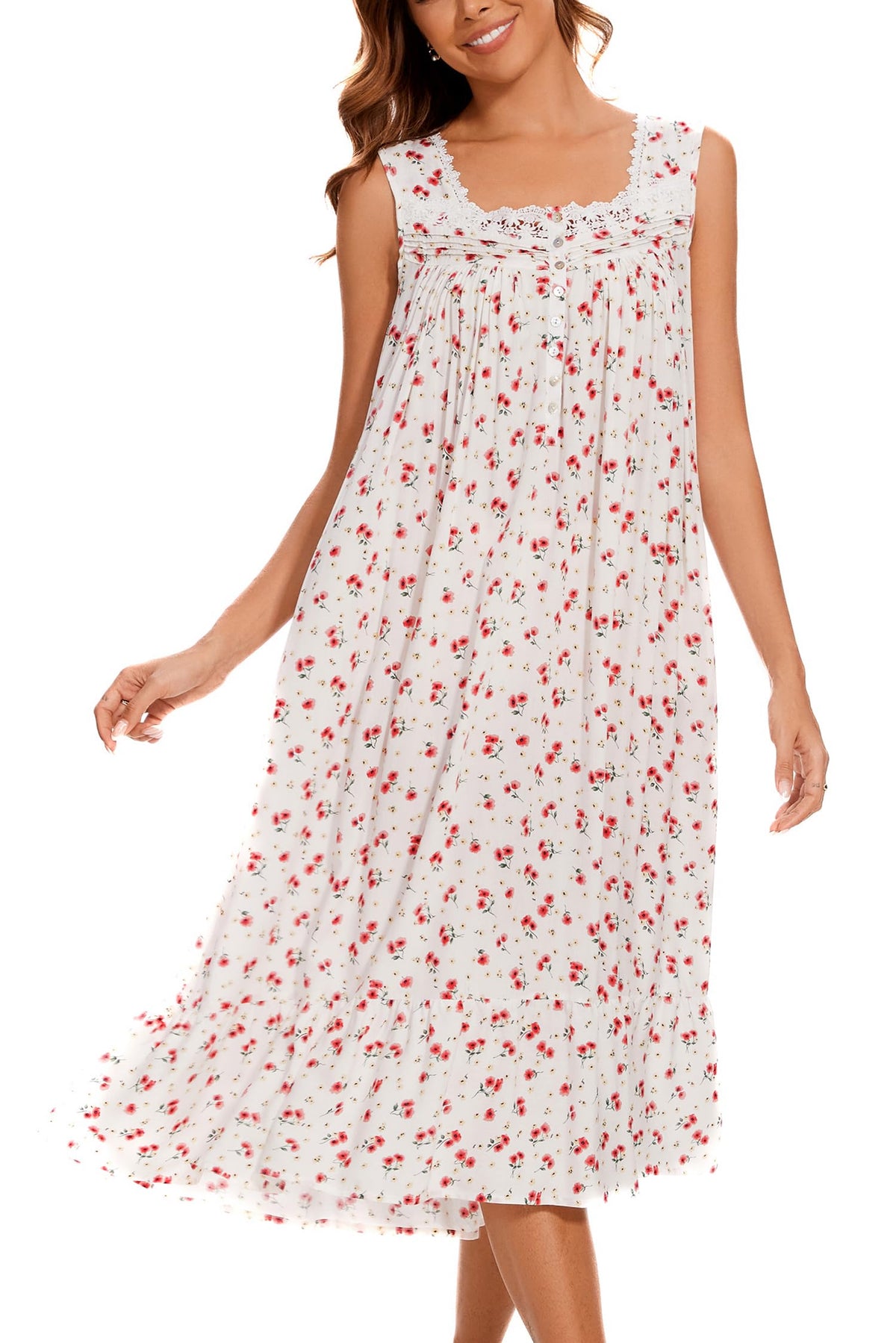 AVIIER Cotton Nightgowns for Women Sleeveless House Dress Ladies Long Nightdress with Pockets S-XXL