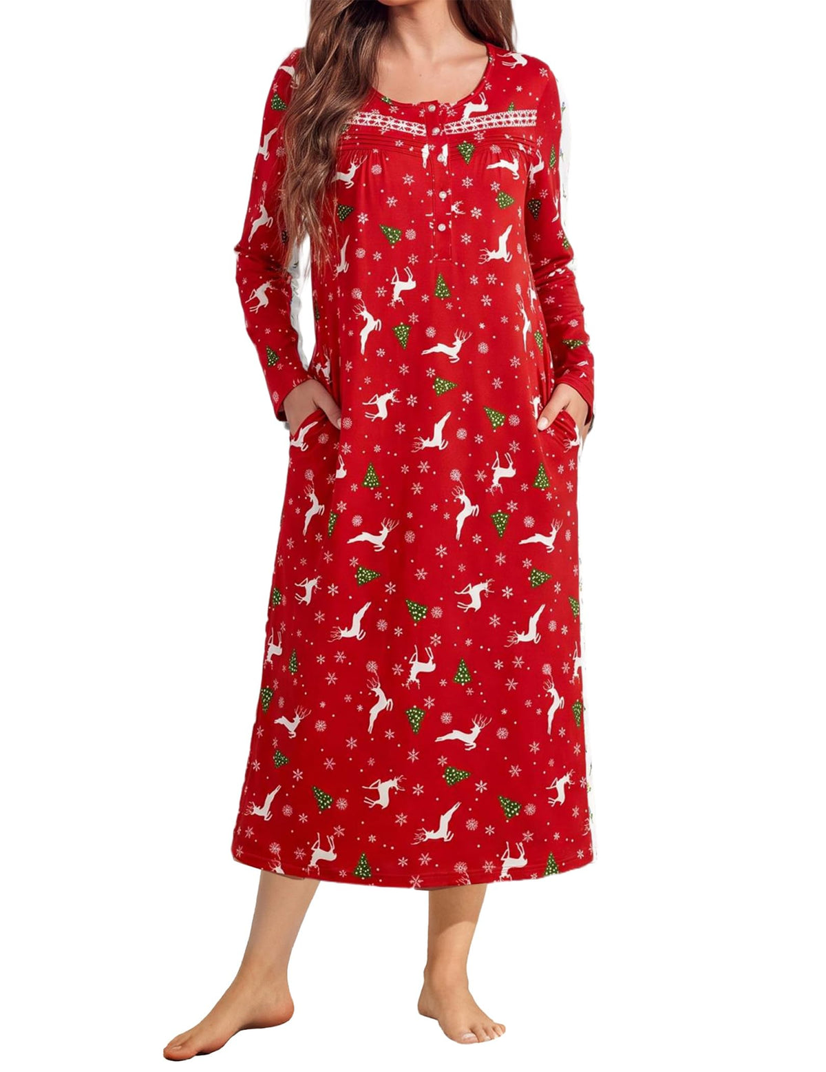 Ekouaer Long Sleeve Nightgown for Women Long Henley House Dress with Pocket