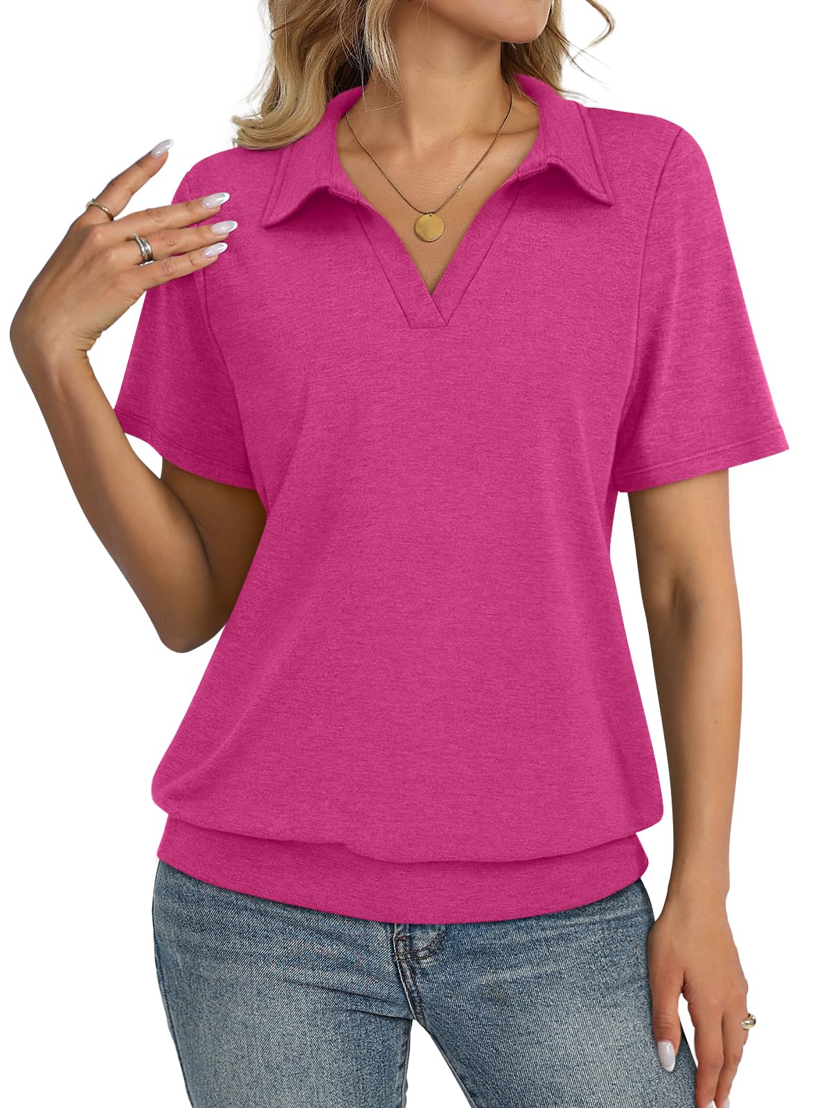 TICTICMISS Womens Polo Shirts Short Sleeve Banded Bottom Tops Business