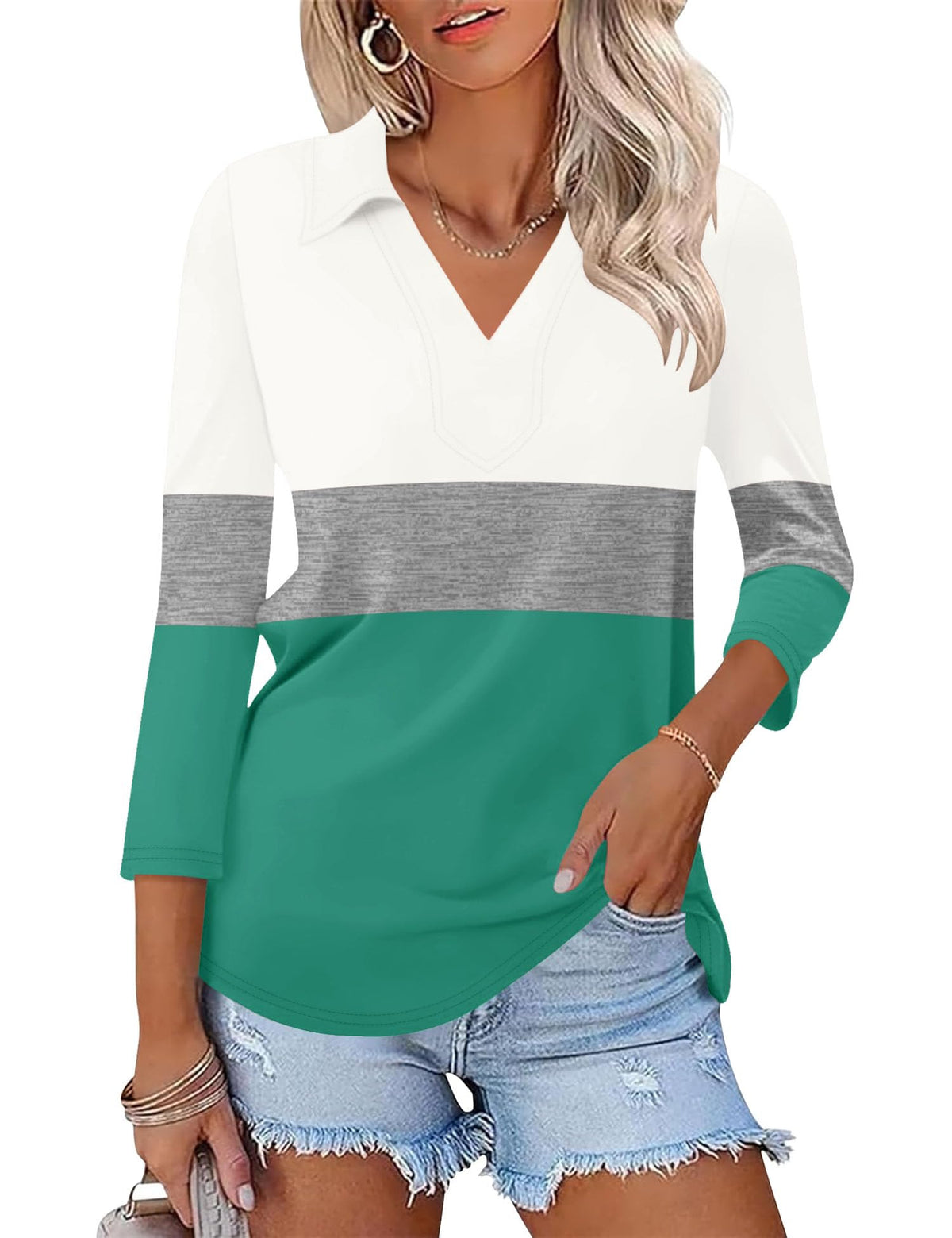 LOMON 3/4 Sleeve Womens Tops Summer Collared Polo Shirts V Neck Polos Tees