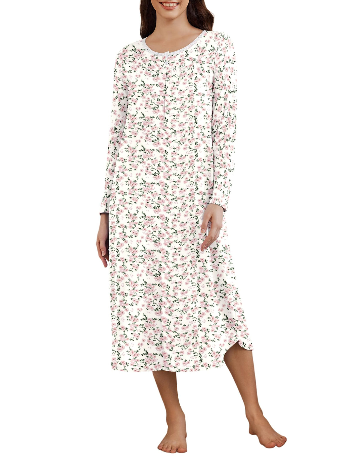 Ekouaer Womens Long Sleeve Nightgowns Long Sleepshirts Henley Sleep Dress