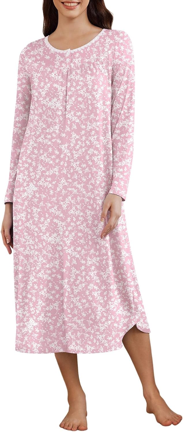 Ekouaer Womens Long Sleeve Nightgowns Long Sleepshirts Henley Sleep Dress