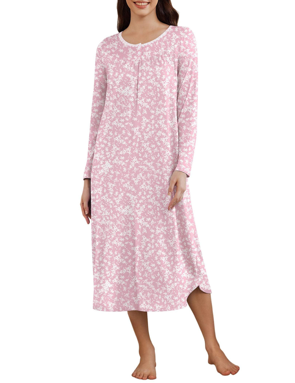 Ekouaer Womens Long Sleeve Nightgowns Long Sleepshirts Henley Sleep Dress