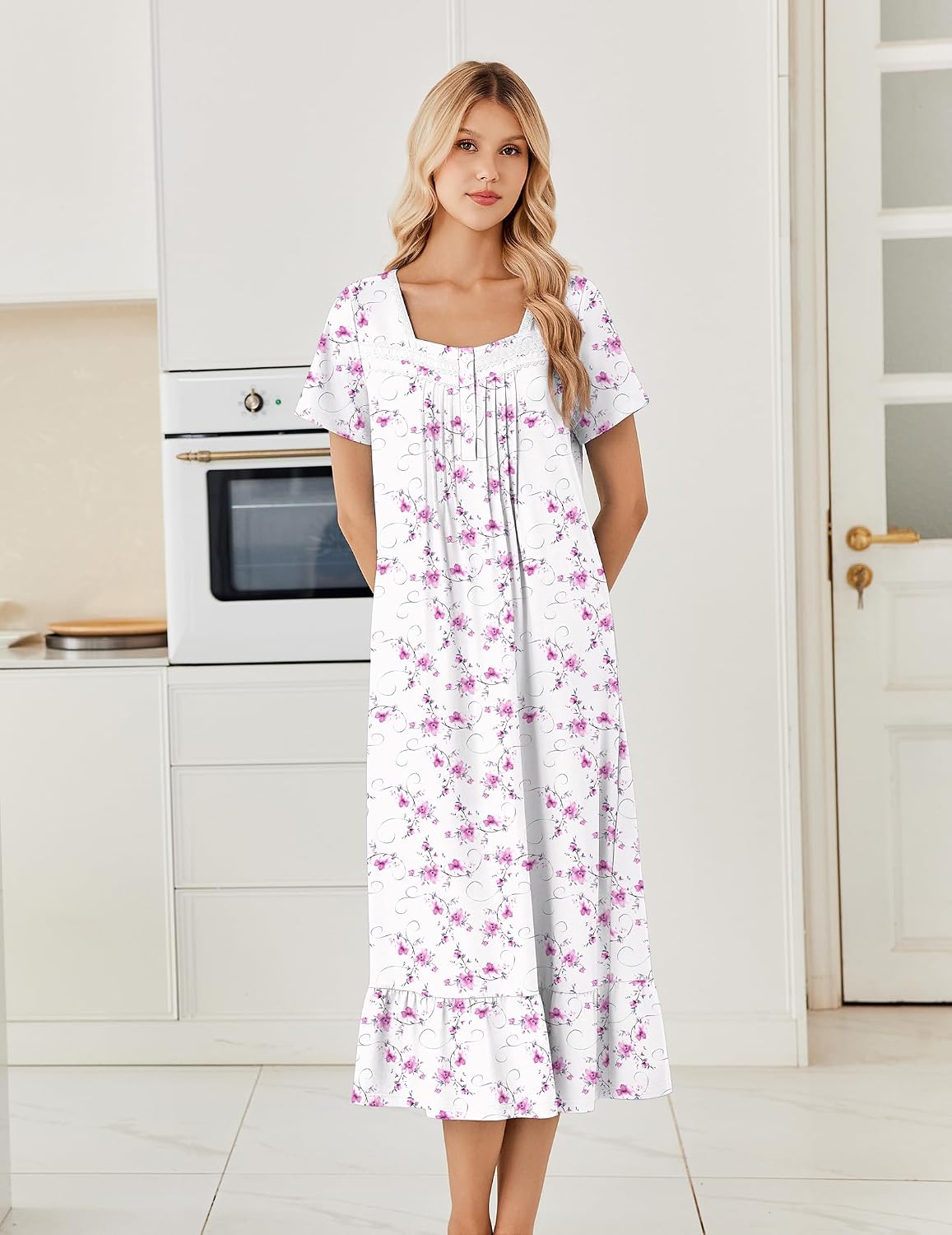 Ekouaer Cotton Long Nightgowns for Women Short Sleeve Button House Dress