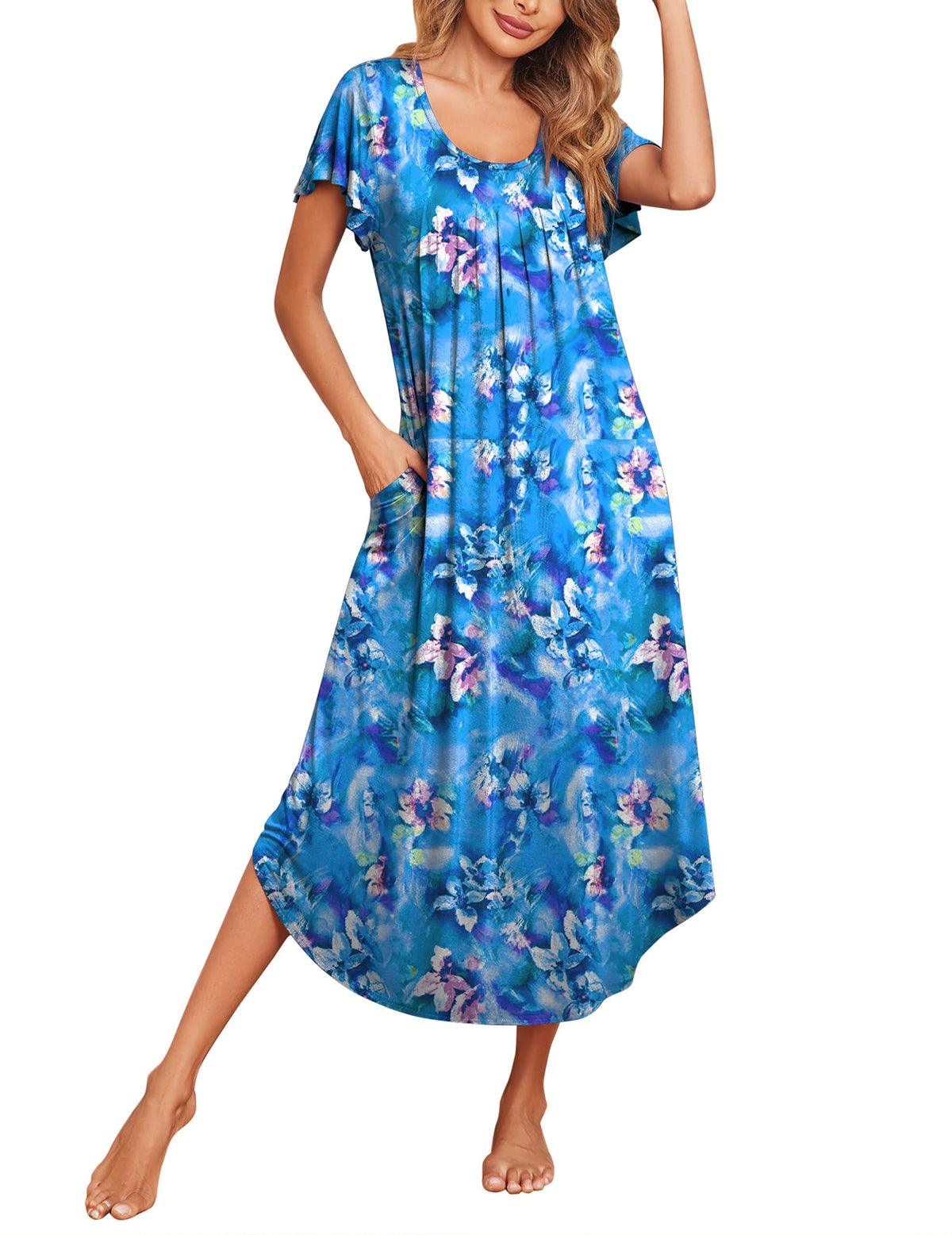 Ekouaer Long Nightgowns for Women with Pockets Short Sleeves House Dresses