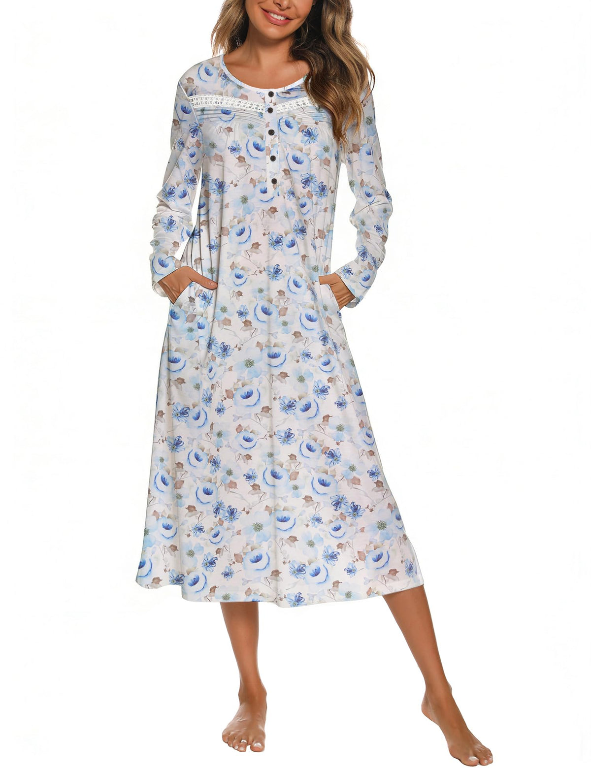 YOZLY Nightgowns for Women Soft Cotton Long Sleeve Night Gwon with Pockets