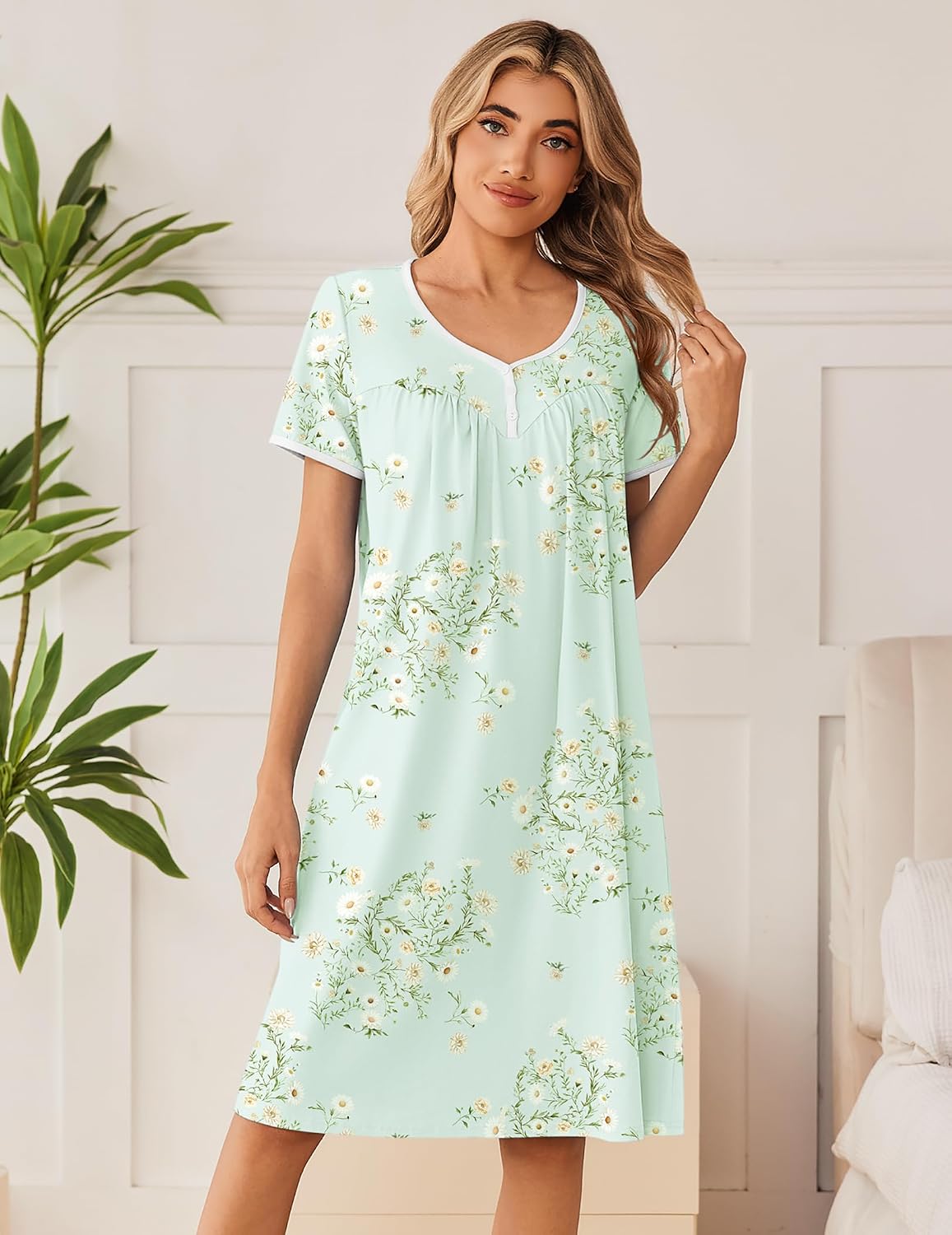 Ekouaer Cotton Nightgowns for Women Soft Night Gowns Button House Dress