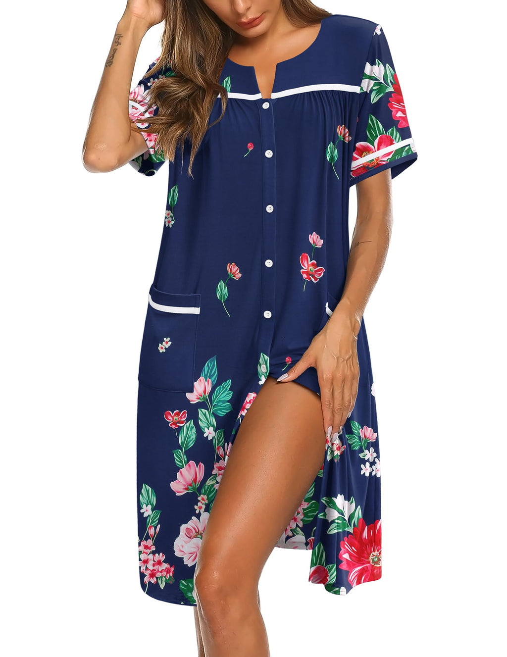 Ekouaer Nightgowns for Women House Dress with Pockets Button Down Sleepshirt Short Sleeve Nightshirt Housecoat