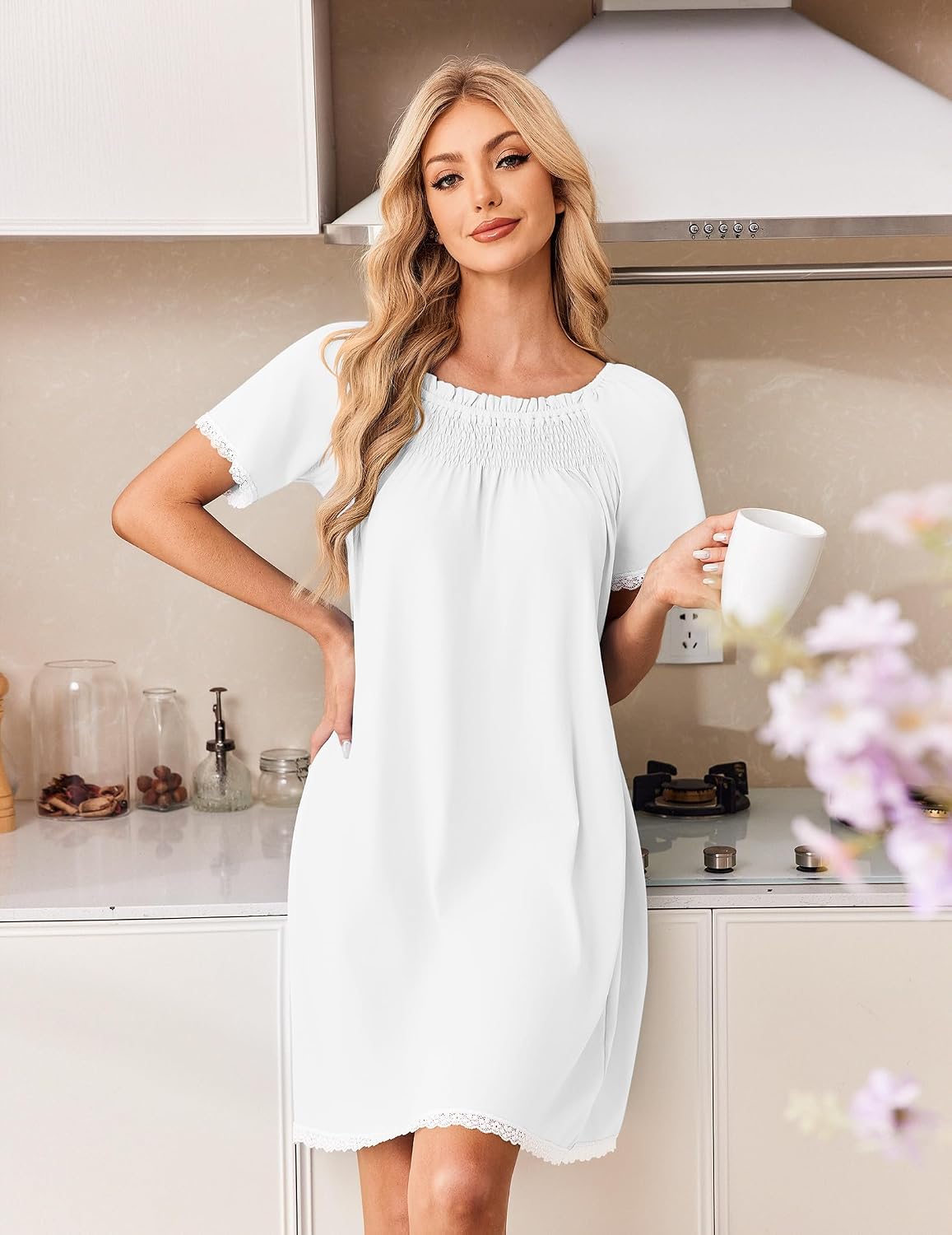 Ekouaer Cotton Nightgowns for Women Short Sleeve Pleated Sleep Shirts