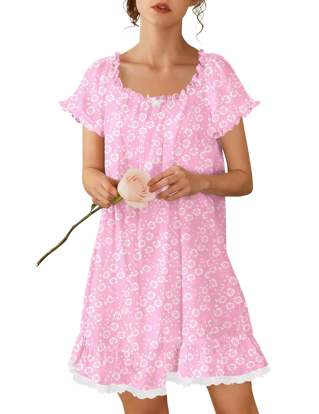 Ekouaer Cotton Nightgowns for Women Short Sleeve Victorian Night Gowns
