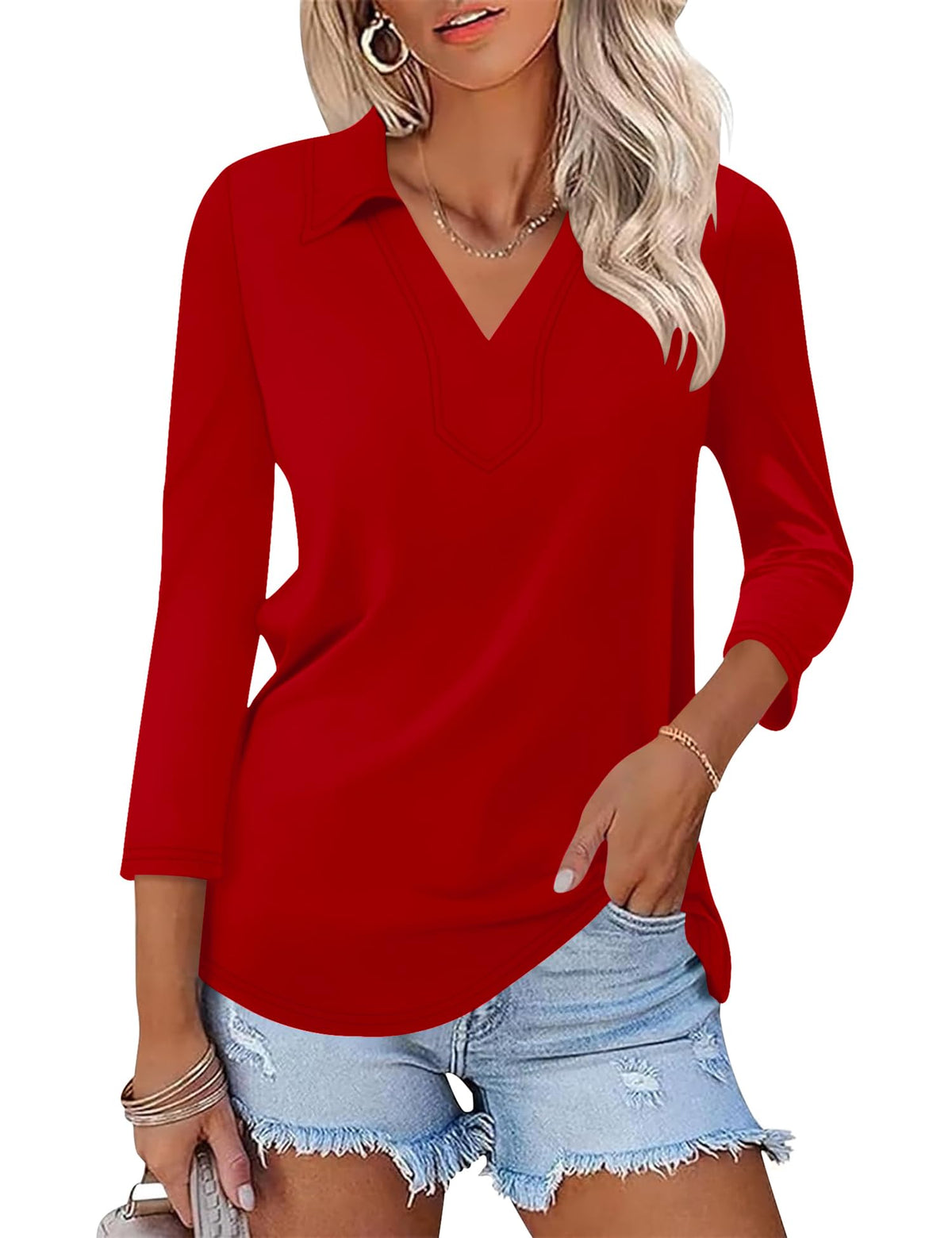 LOMON 3/4 Sleeve Womens Tops Summer Collared Polo Shirts V Neck Polos Tees