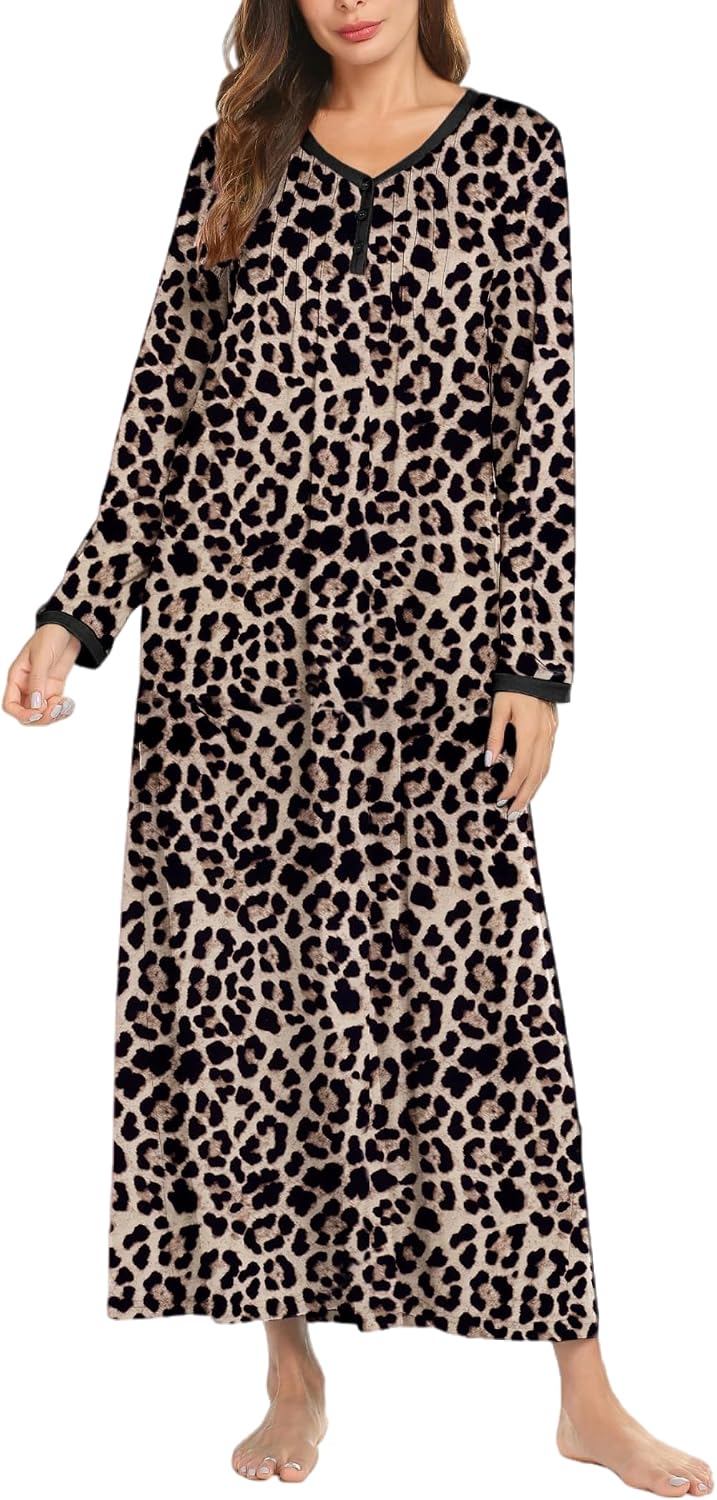 Ekouaer Women's Long Sleeve Nightgown Full Length Sleepwear Long Sleepshirts Henley Sleep Dress