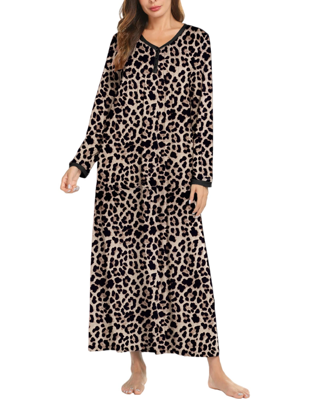 Ekouaer Women's Long Sleeve Nightgown Full Length Sleepwear Long Sleepshirts Henley Sleep Dress