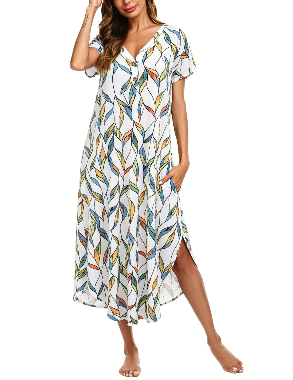 Ekouaer Long Nightgowns For Women Short Sleeve Midi Nightgown With Pockets