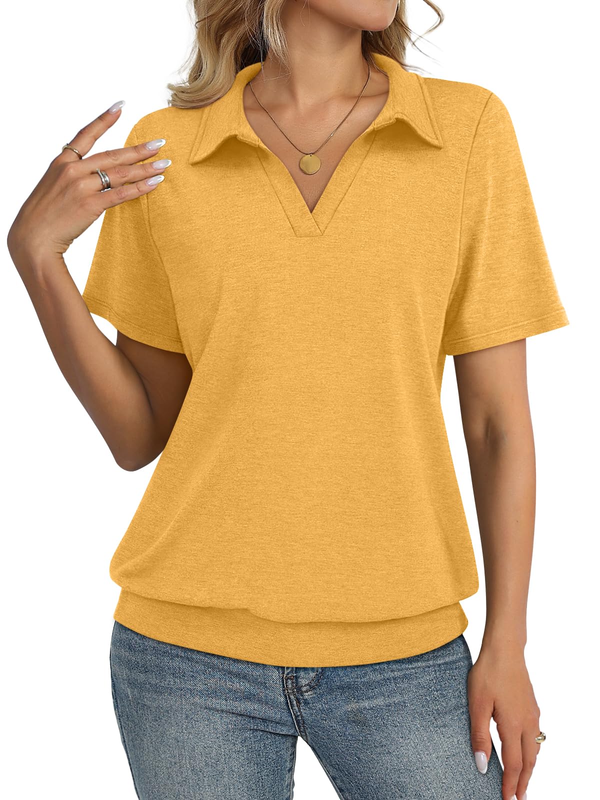 TICTICMISS Womens Polo Shirts Short Sleeve Banded Bottom Tops Business