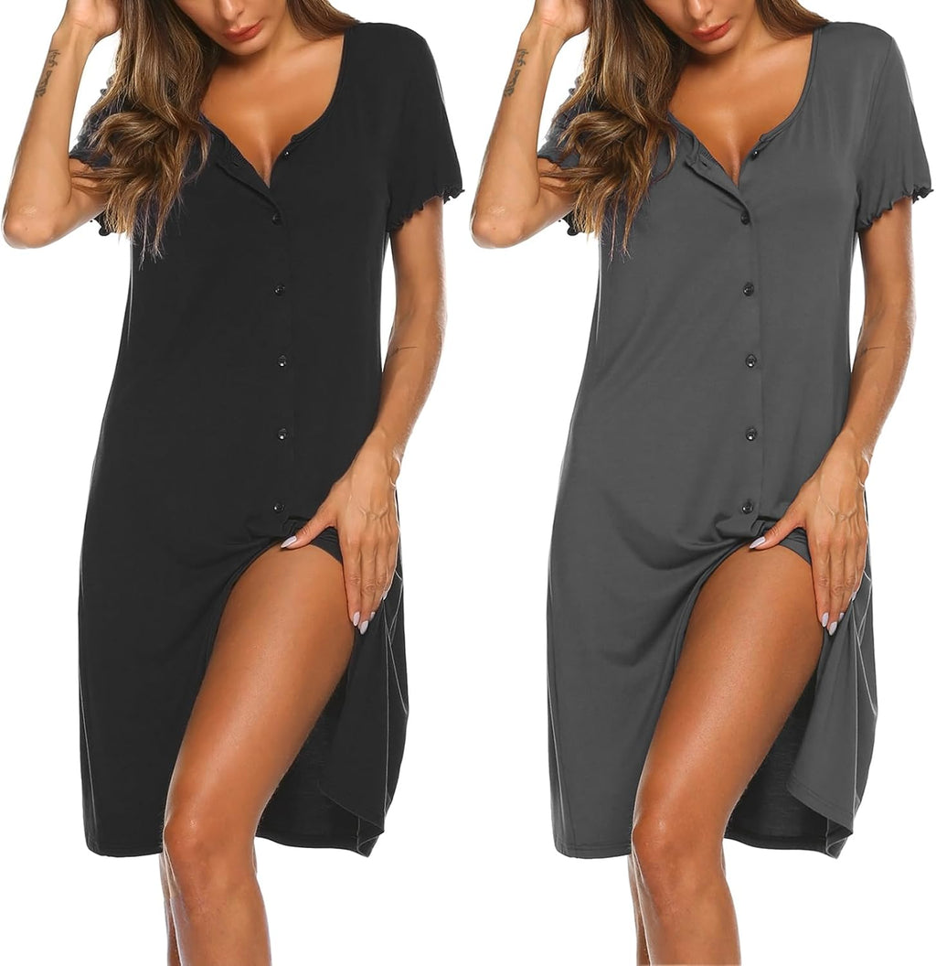 Ekouaer 2 Pack Nightgowns for Women Button Down Sleepshirts Night Gowns
