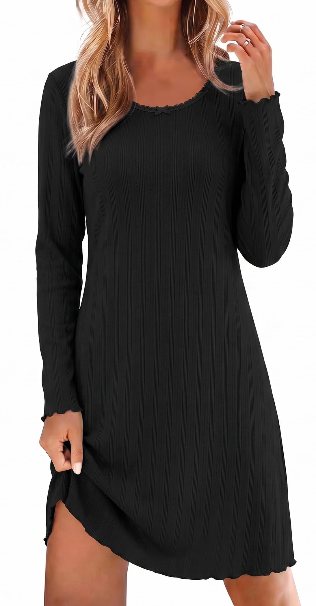 Ekouaer Women's Long Sleeve Nightgown Soft Ribbed Sleep Dress Night Shirt