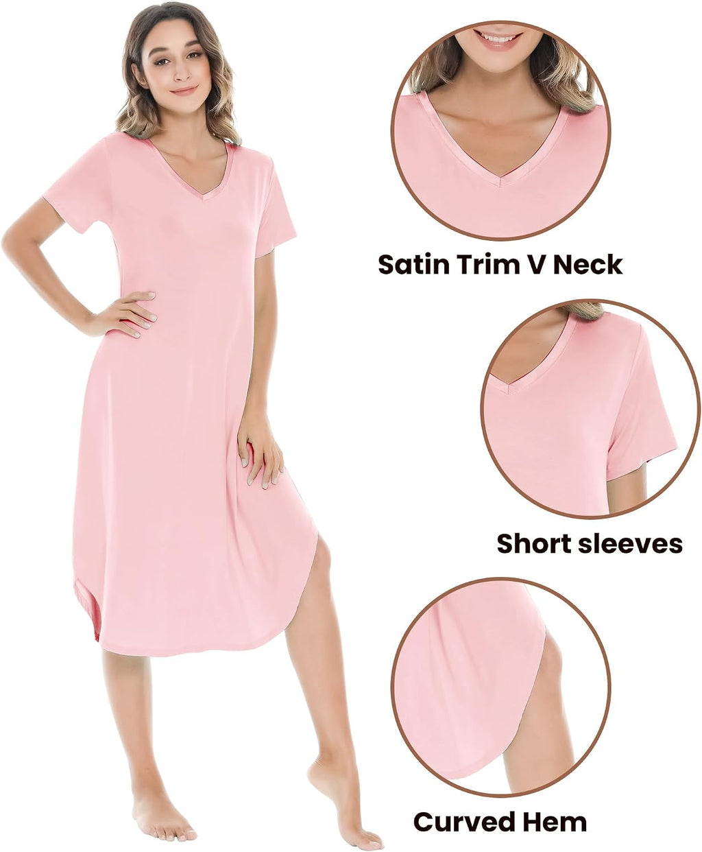 NACHILA Bamboo Viscose Nightgowns for Women Cooling Short Sleeve Sleepshirt