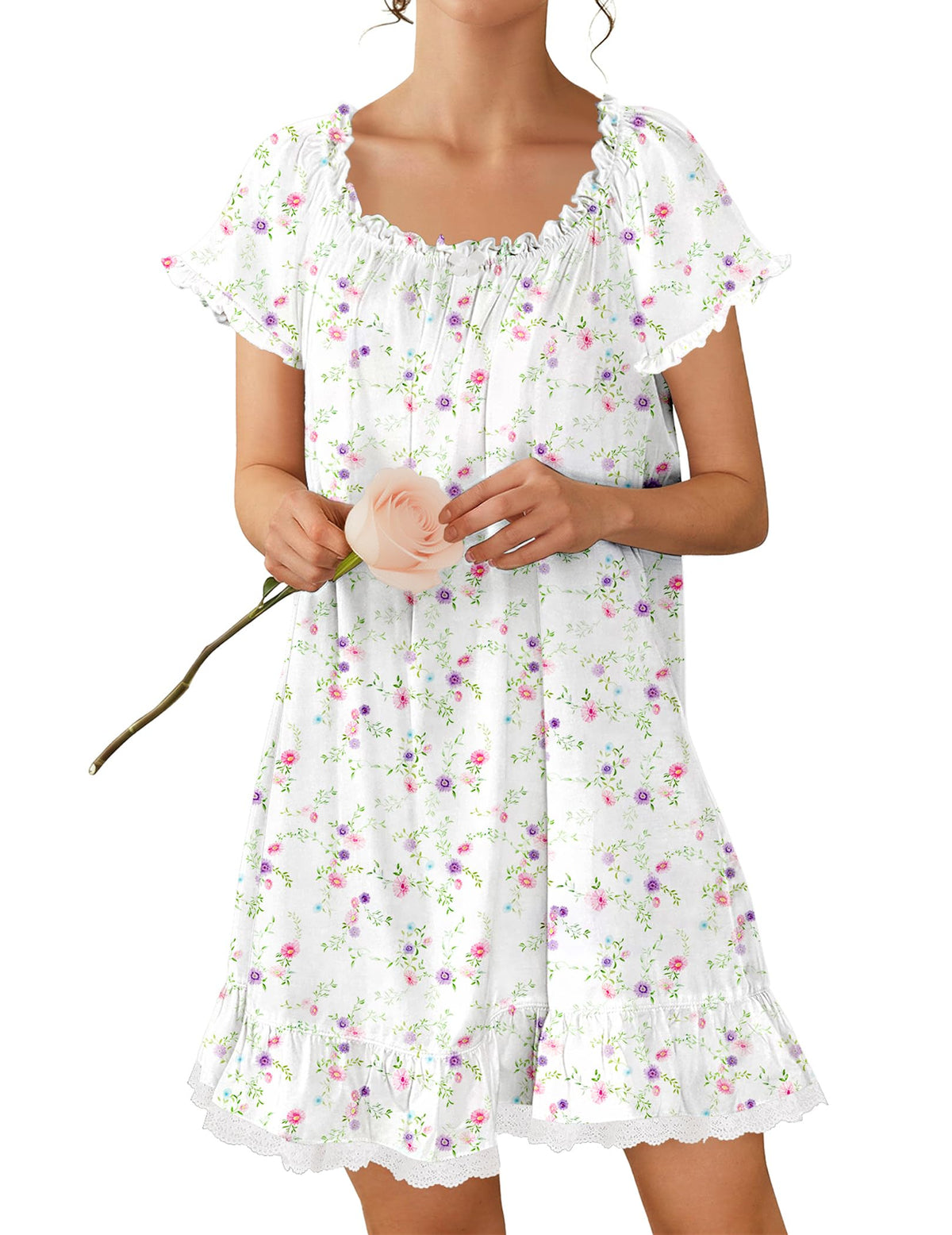 Ekouaer Cotton Nightgowns for Women Short Sleeve Victorian Night Gowns