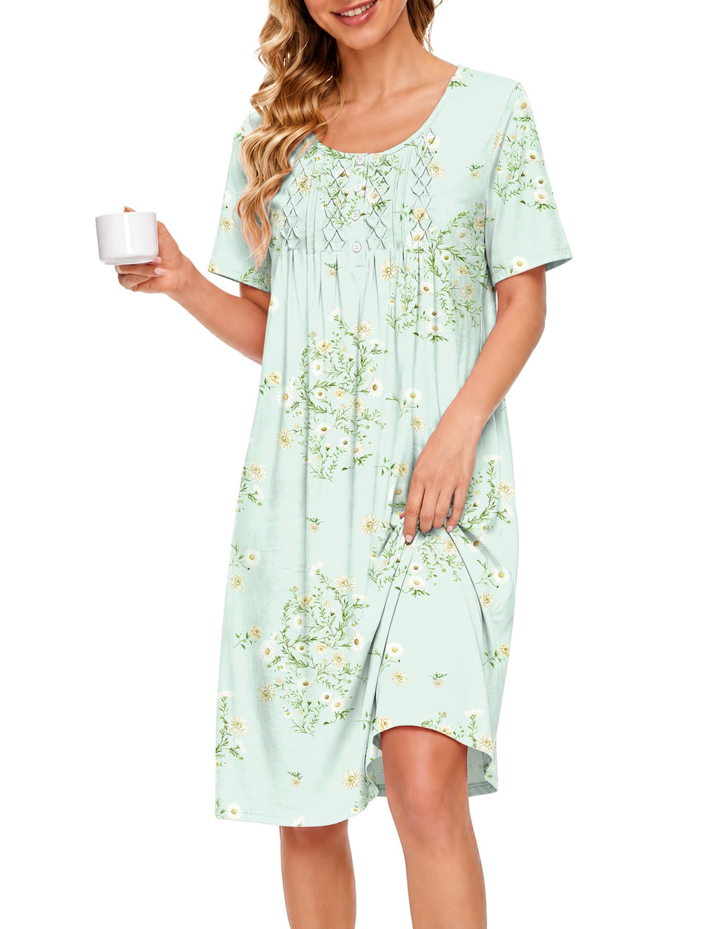 Ekouaer Cotton Nightgowns for Women Short Sleeve House Dress Pleated Moomoo