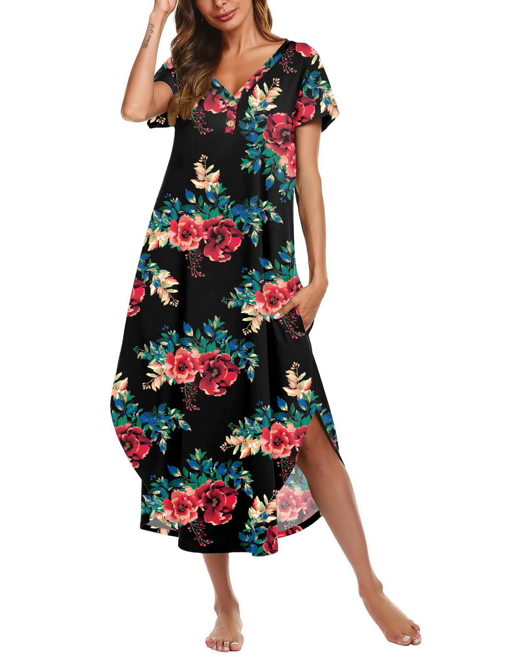 Ekouaer Long Nightgowns For Women Short Sleeve Midi Nightgown With Pockets
