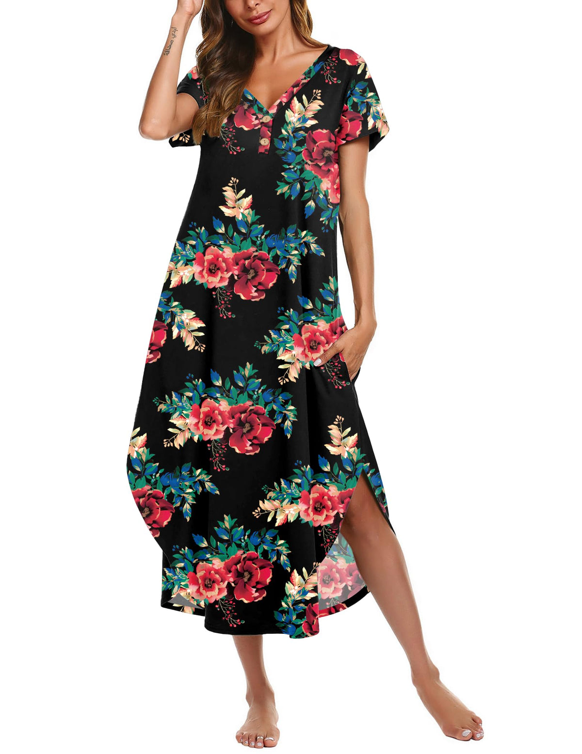 Ekouaer Long Nightgowns For Women Short Sleeve Midi Nightgown With Pockets