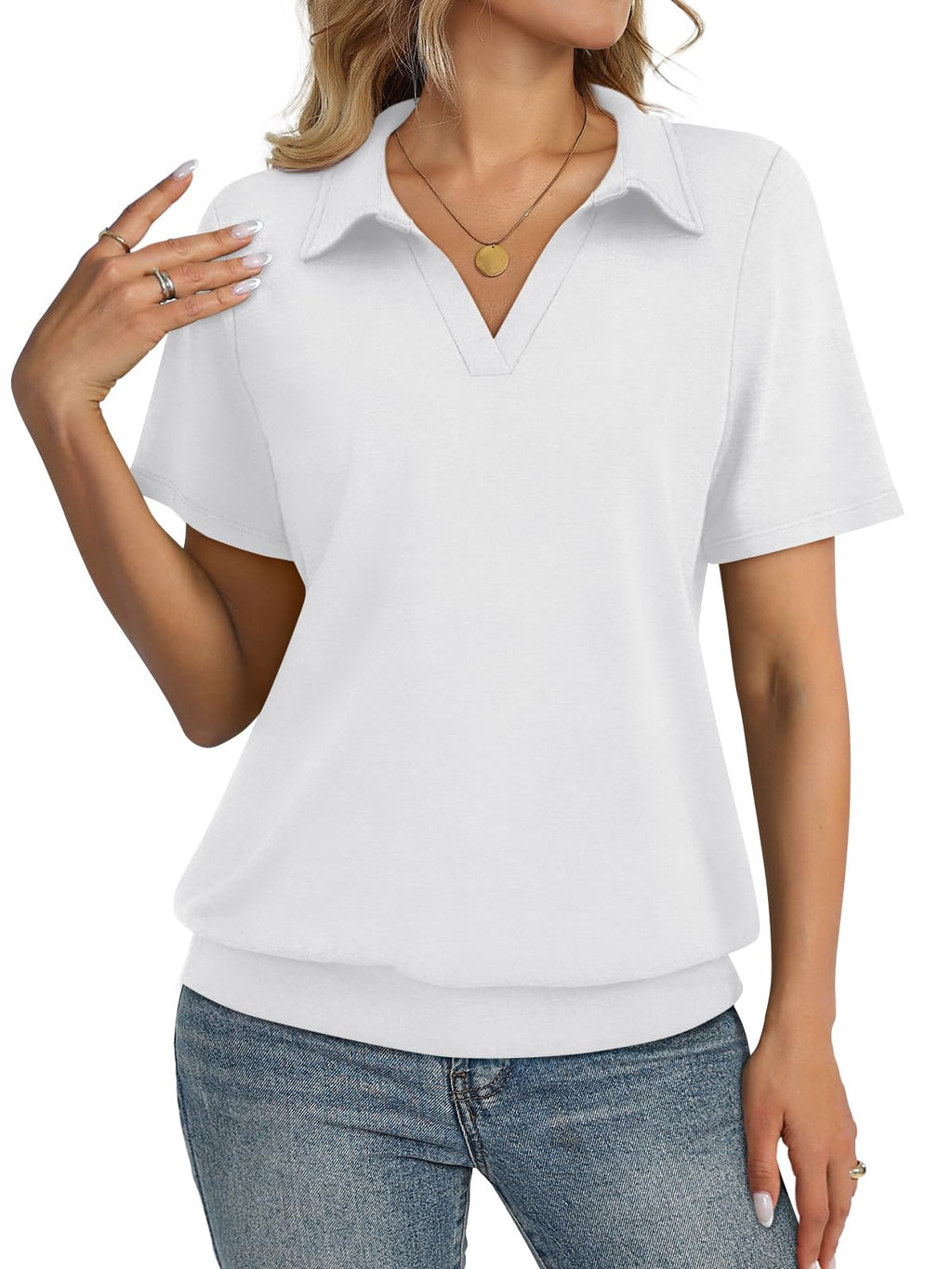 TICTICMISS Womens Polo Shirts Short Sleeve Banded Bottom Tops Business