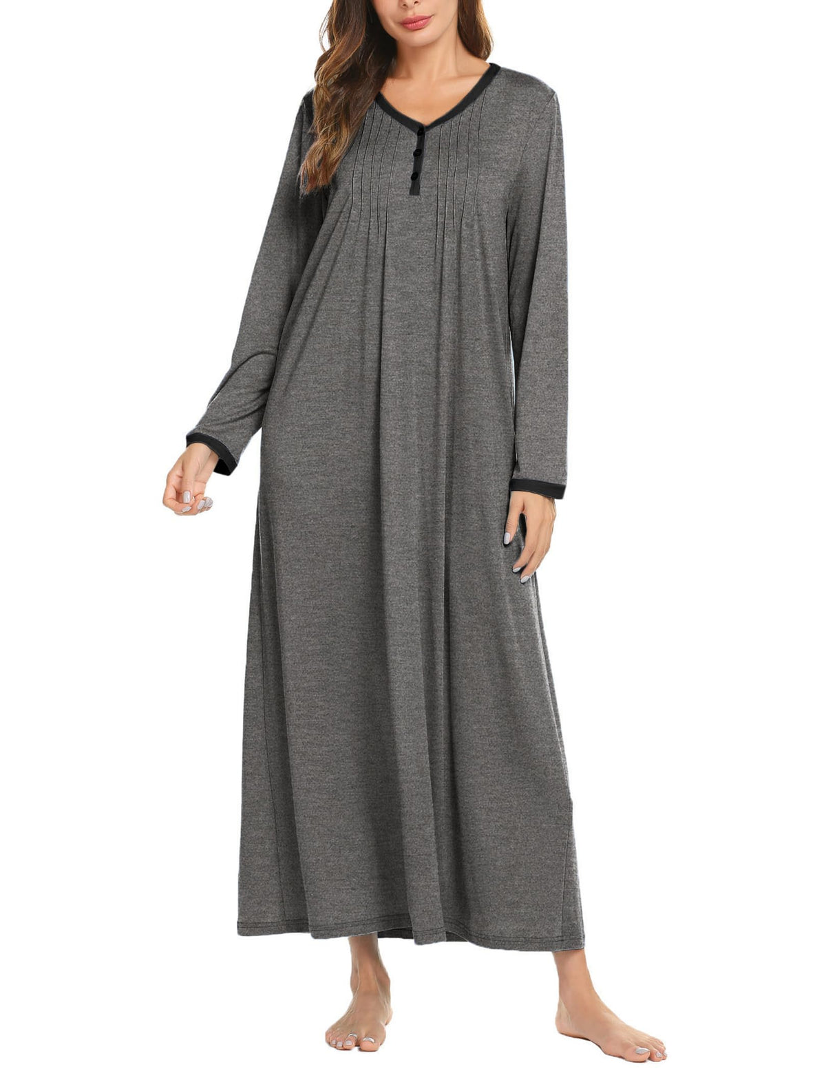 Ekouaer Women's Long Sleeve Nightgown Full Length Sleepwear Long Sleepshirts Henley Sleep Dress