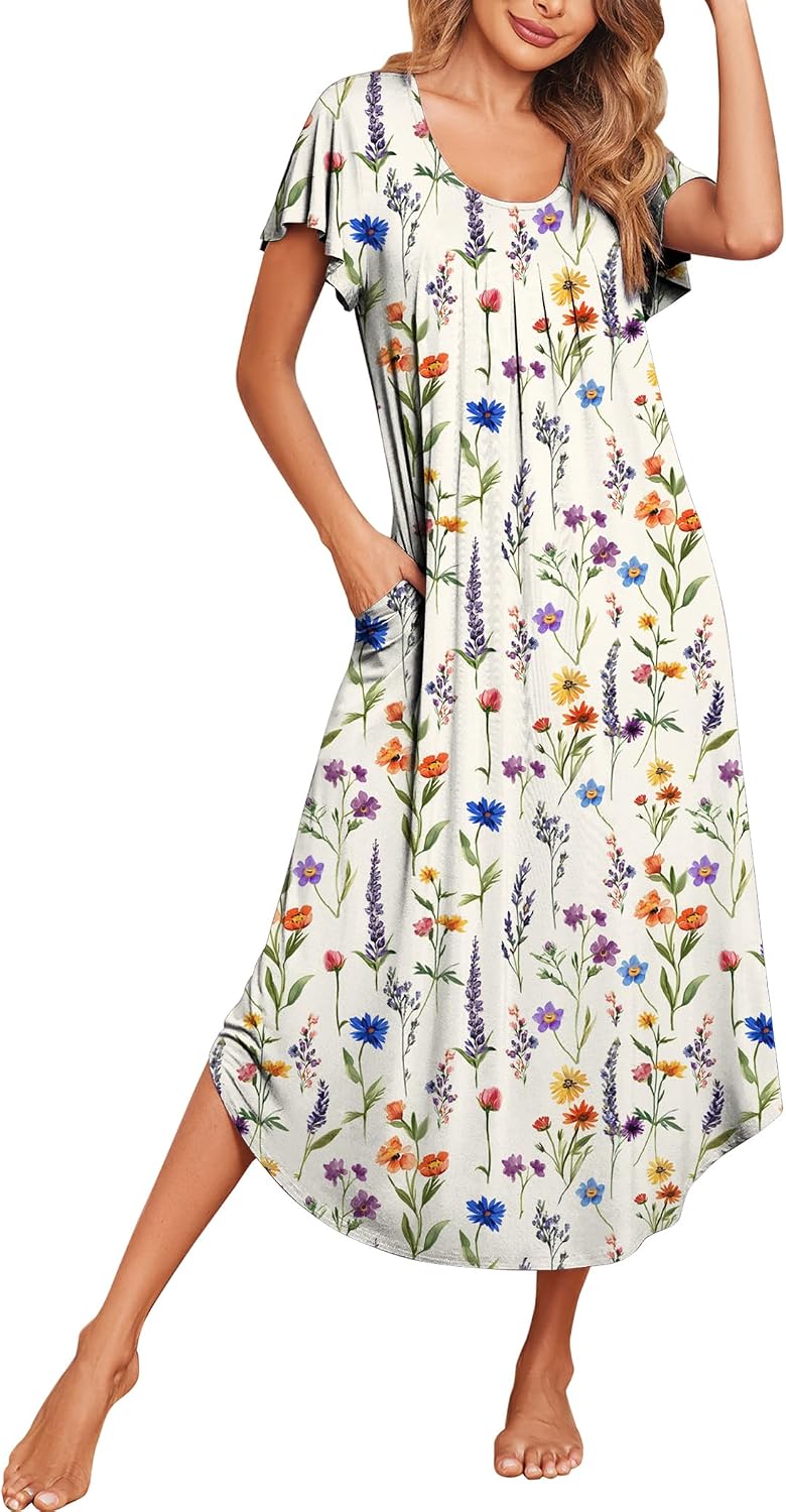 Ekouaer Long Nightgowns for Women with Pockets Short Sleeves House Dresses