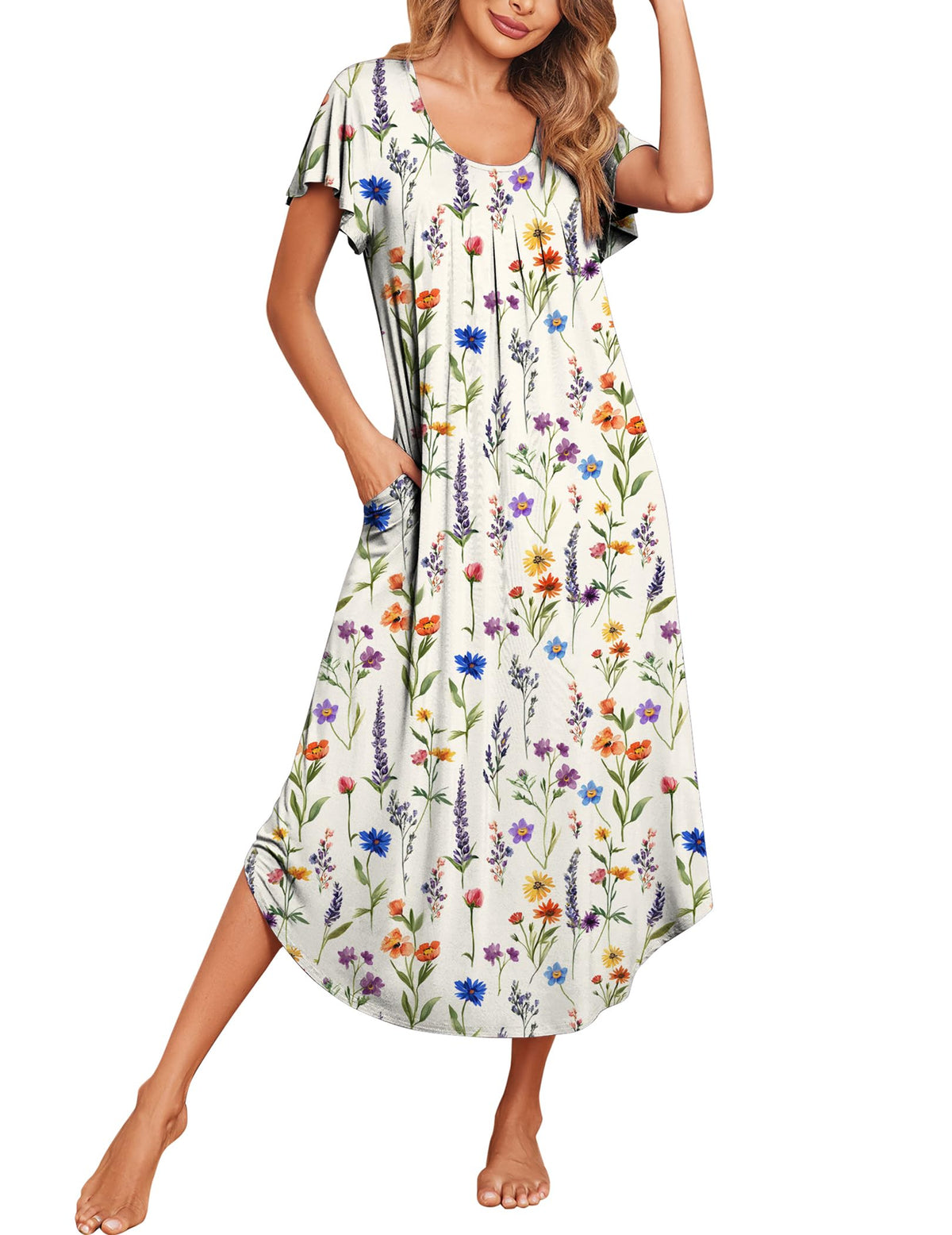 Ekouaer Long Nightgowns for Women with Pockets Short Sleeves House Dresses