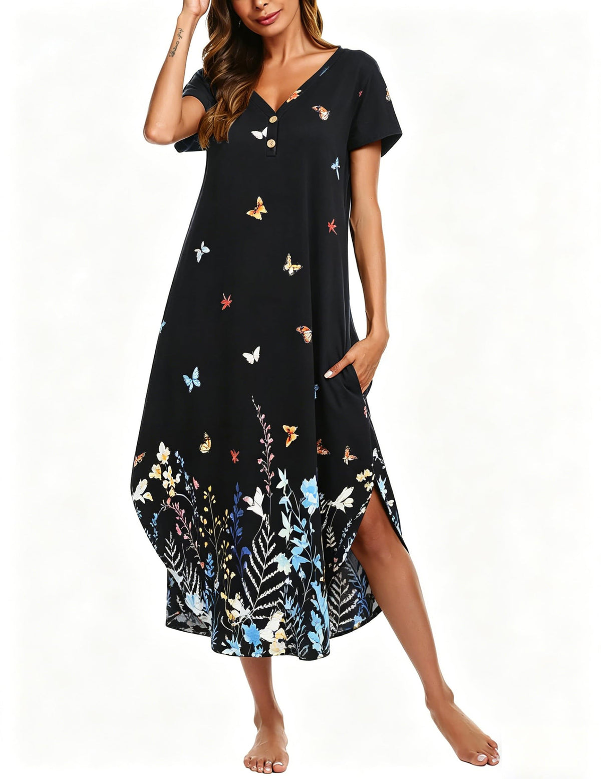 Ekouaer Long Nightgowns For Women Short Sleeve Midi Nightgown With Pockets