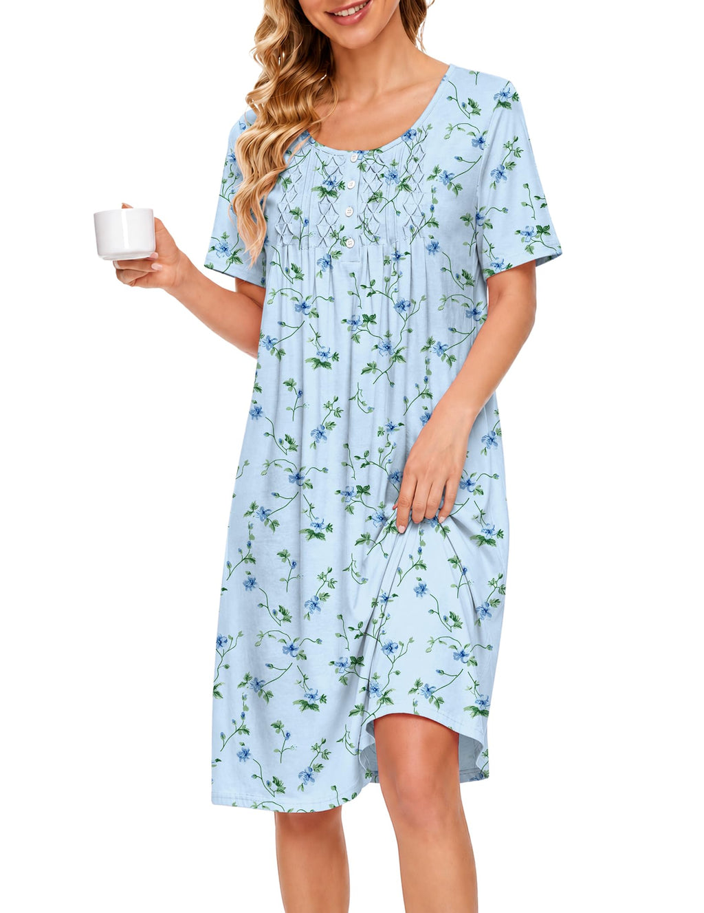 Ekouaer Cotton Nightgowns for Women Short Sleeve House Dress Pleated Moomoo