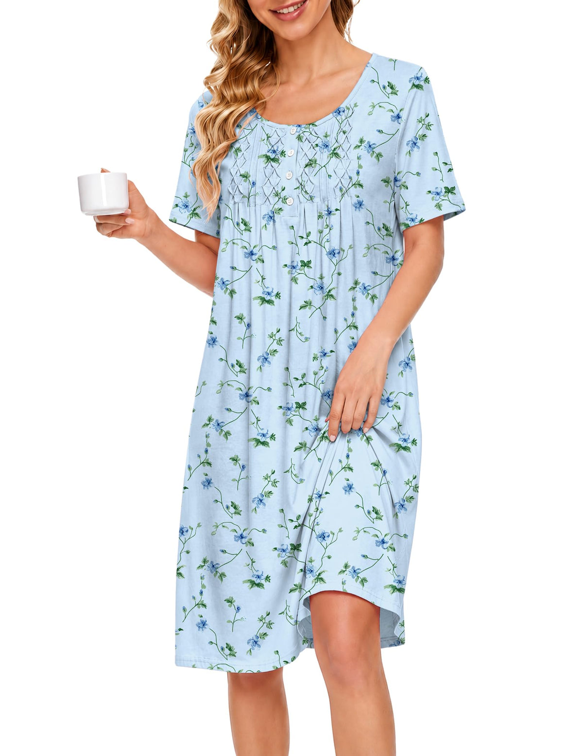 Ekouaer Cotton Nightgowns for Women Short Sleeve House Dress Pleated Moomoo