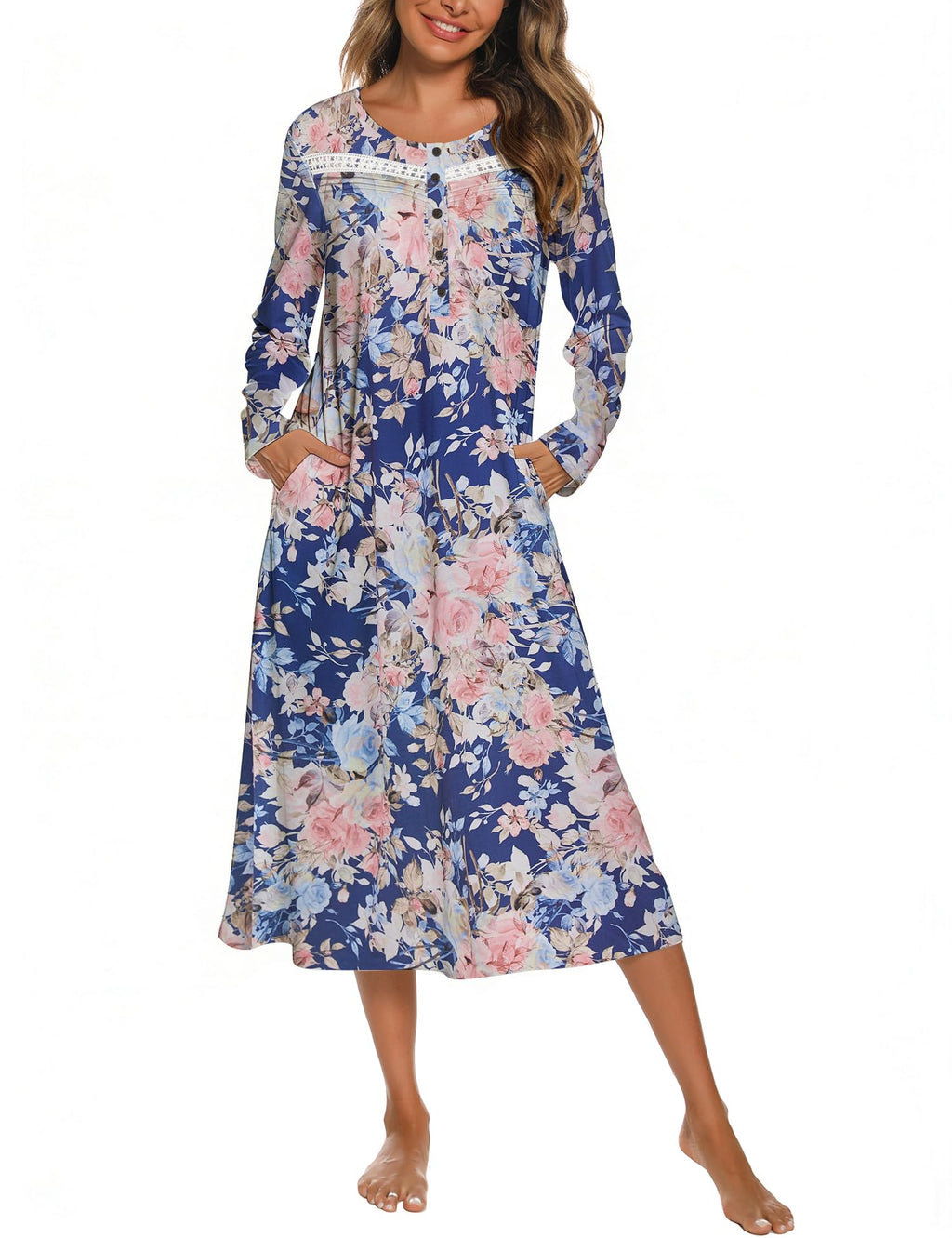 YOZLY Nightgowns for Women Soft Cotton Long Sleeve Night Gwon with Pockets