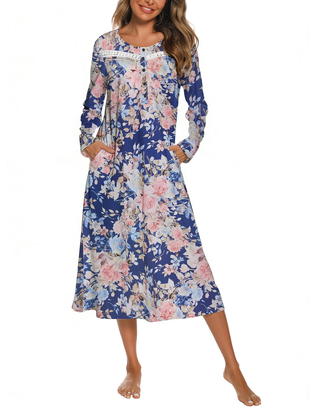 YOZLY Nightgowns for Women Soft Cotton Long Sleeve Night Gwon with Pockets