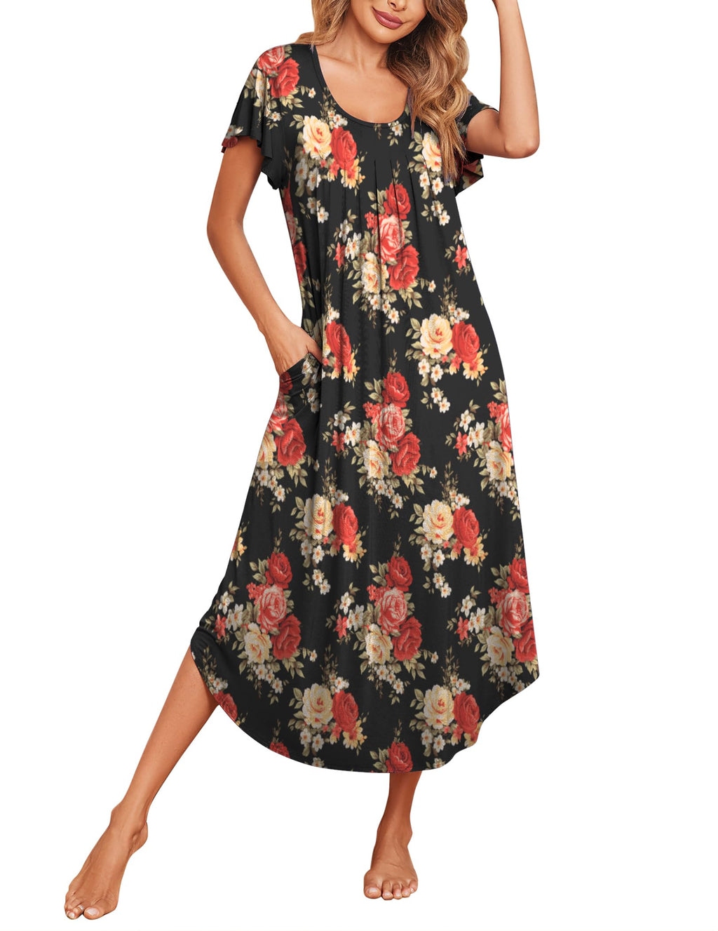 Ekouaer Long Nightgowns for Women with Pockets Short Sleeves House Dresses
