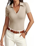 Meetrendi Womens Short Sleeve Work Shirt Summer V Neck Fitted Business Polo