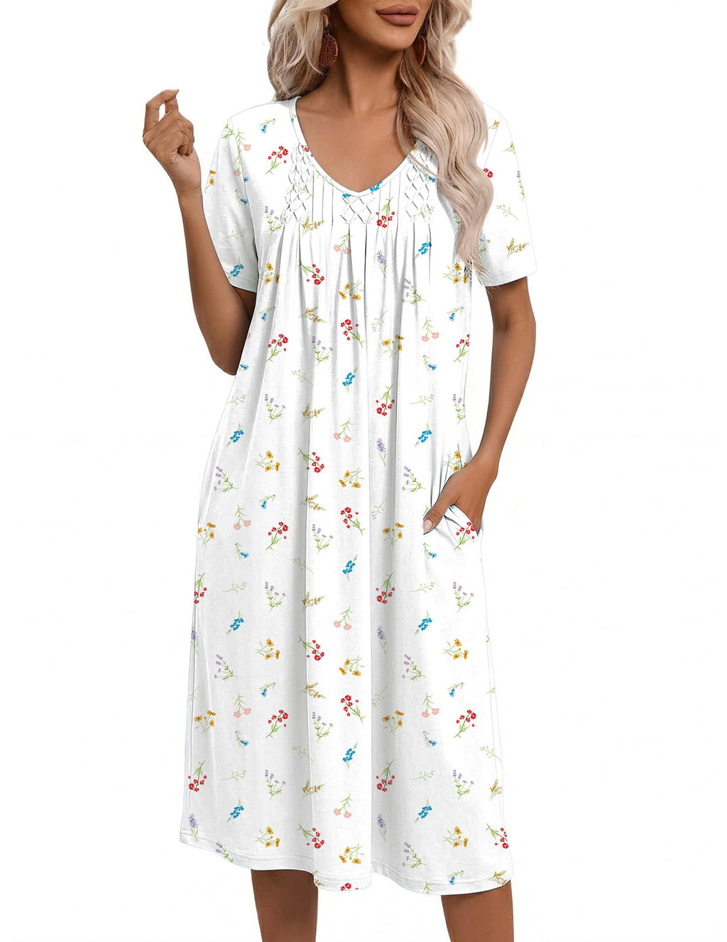 Ekouaer Nightgowns for Women with Pockets House Dress Pleated Night Gowns