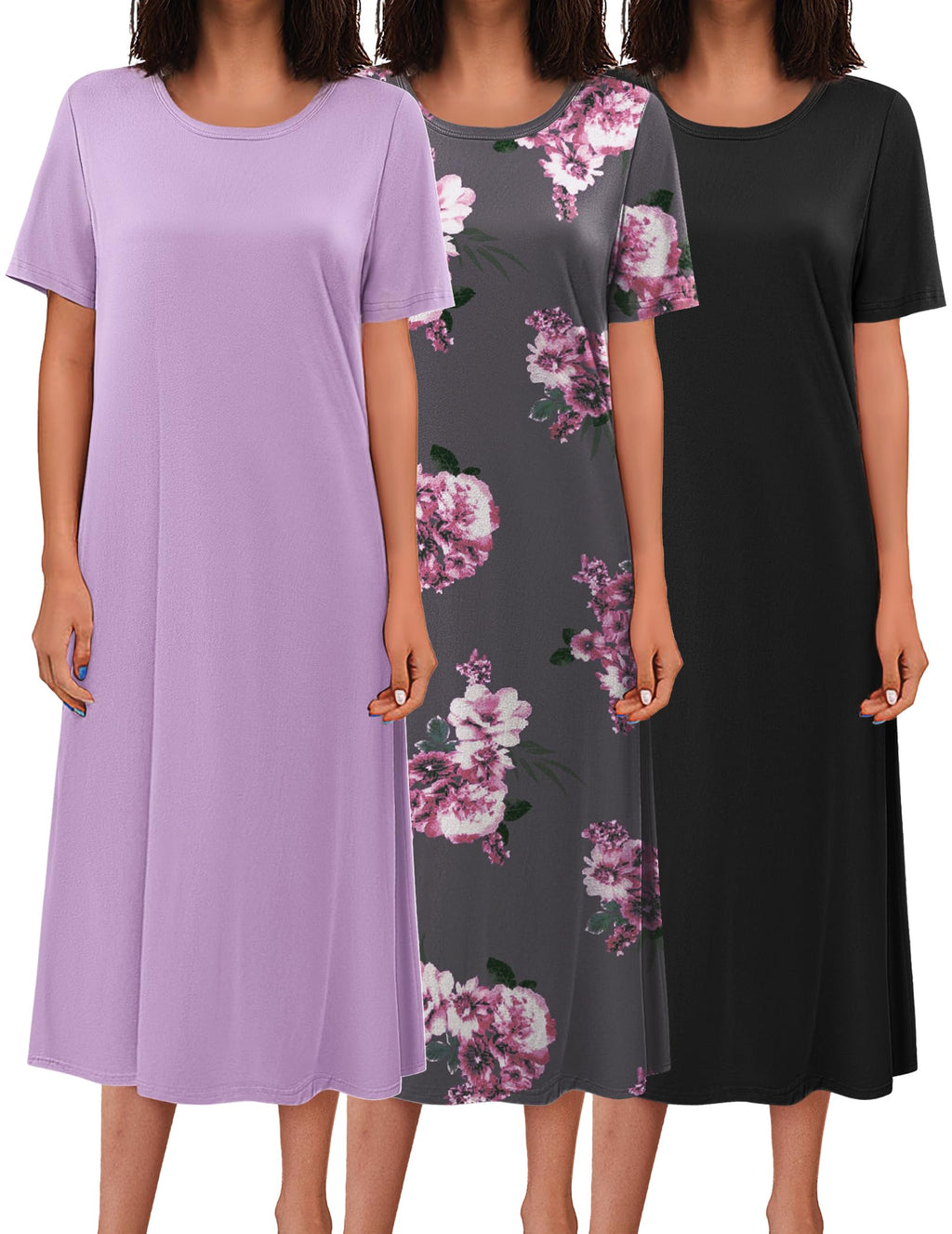Ekouaer 3 Pack Long Nightgowns for Women House Dress Plus Size Nightshirt
