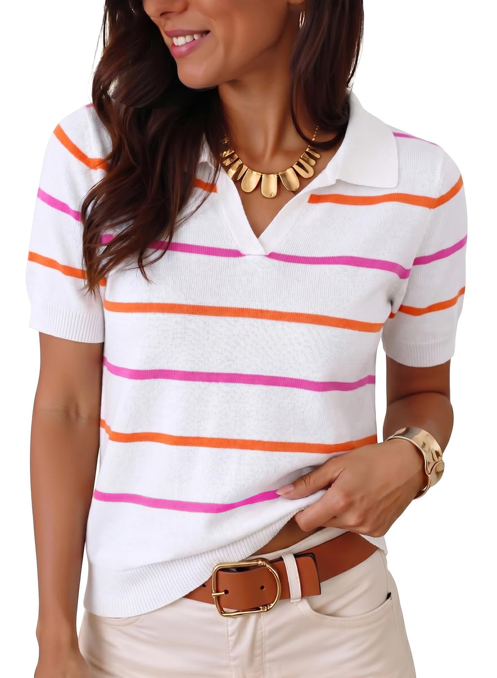 Dokotoo Women Short Sleeve Sweater V Neck Knit Tops Business Casual Collared Work Shirt