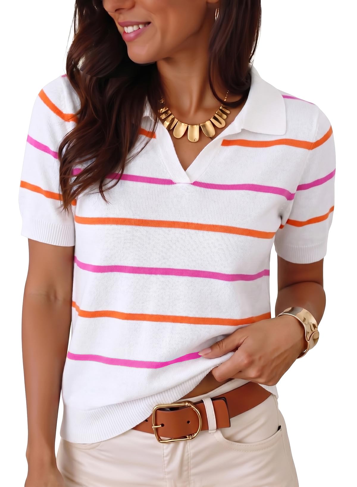 Dokotoo Women Short Sleeve Sweater V Neck Knit Tops Business Casual Collared Work Shirt