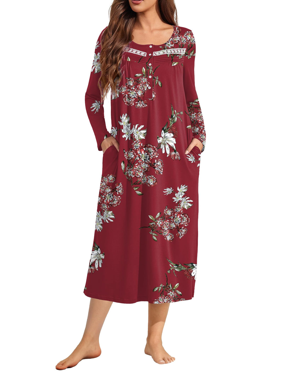 Ekouaer Long Sleeve Nightgown for Women Long Henley House Dress with Pocket